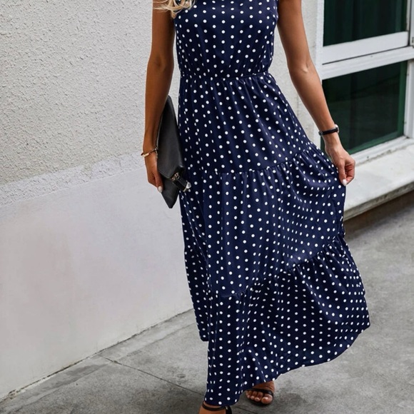 Shein Sleveless Ruffle Hem Navy Blue Polka Dot Dress - Picture 1 of 7